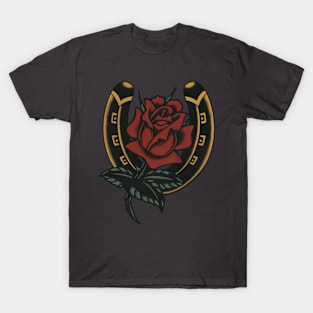 Rose Horseshoe American Trad Tattoo Design T-Shirt